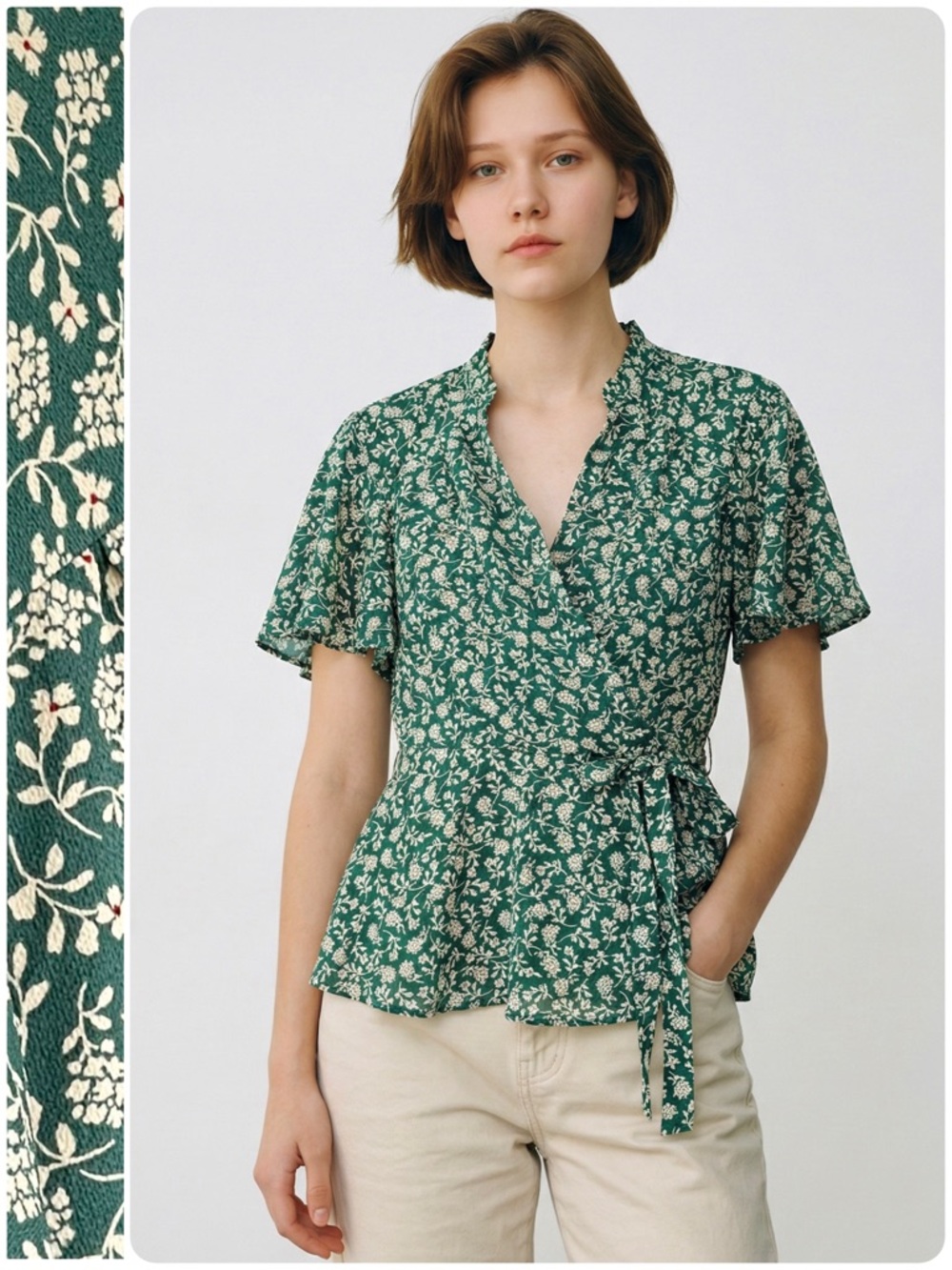 Anthropologie Monteau Crepe Blouse Faux Wrap Peplum Tie Waist Ruffle Neckline